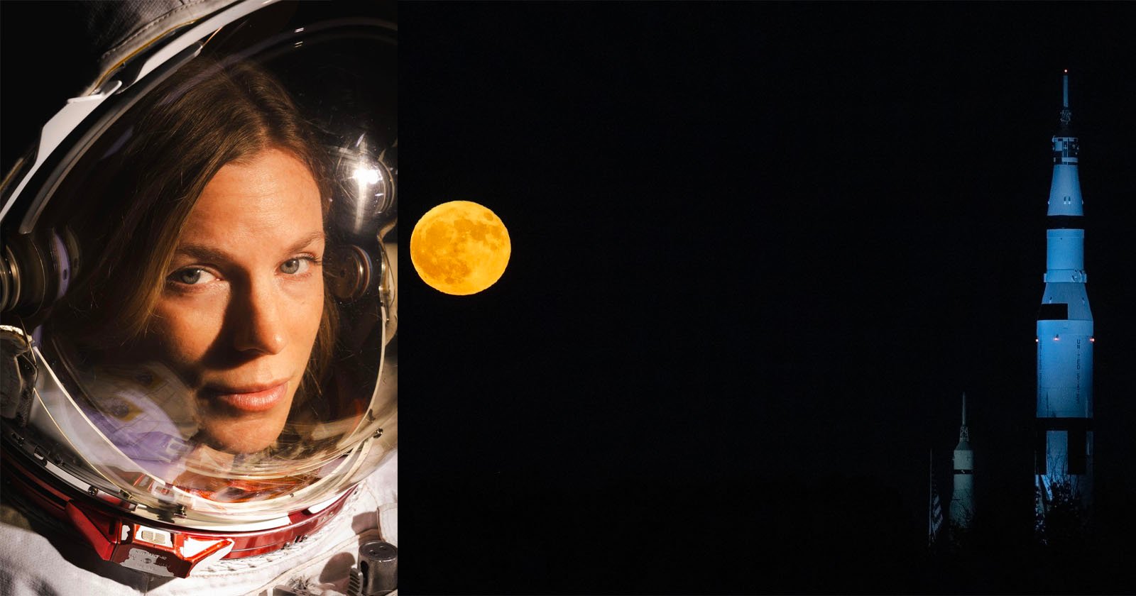 A close-up of a woman in an astronaut suit is shown on the left, with a bright full moon and a rocket (Saturn V) on a dark night sky in the background on the right.