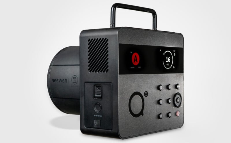 A black, box-shaped Neewer studio light with buttons, dials, a digital display, and a large cylindrical flash attached to the left side, set against a plain white background.