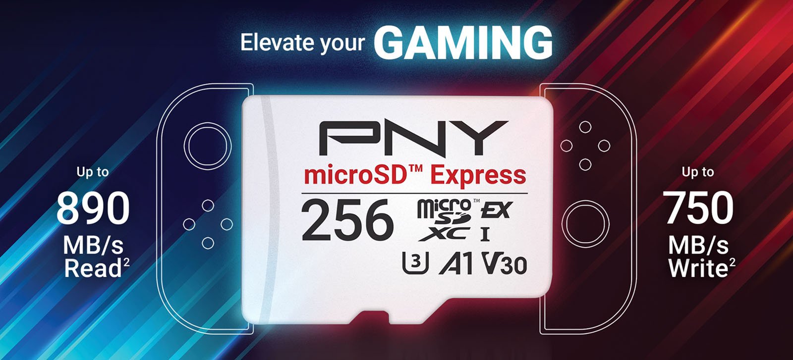 A white PNY microSD Express card with 256 GB capacity is centered between stylized outlines of a game controller. Text highlights read speeds up to 890 MB/s and write speeds up to 750 MB/s, promoting gaming performance.
