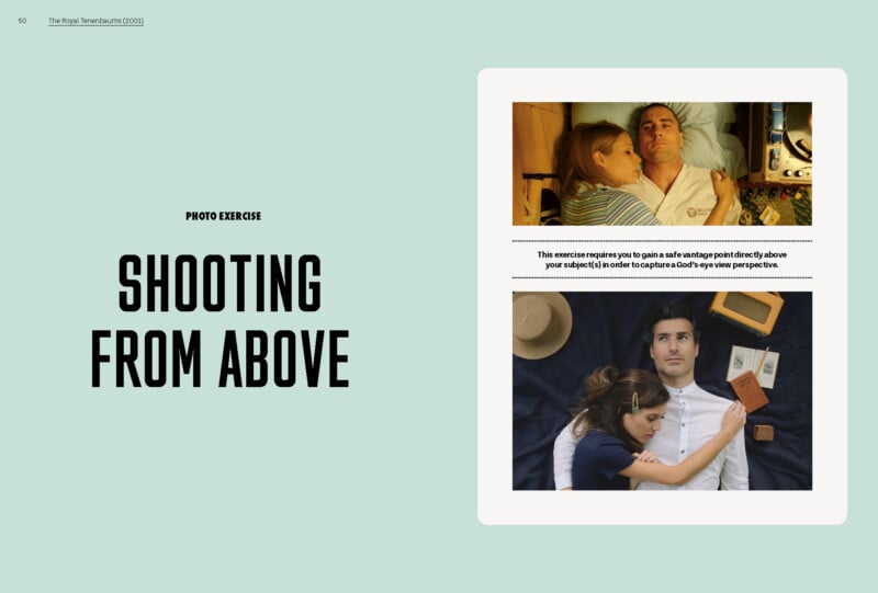 A design layout with the title "Shooting From Above." Two photos show a couple lying side by side on a bed (top) and on a dark surface with props around them (bottom), both taken from an overhead perspective.