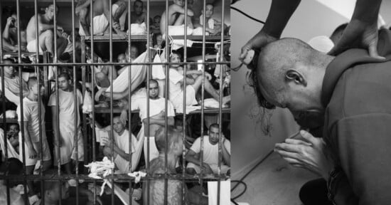 A crowded prison cell filled with men, many standing or sitting closely together, is shown on the left. On the right, a person has their head shaved by another person using clippers. The image is in black and white.