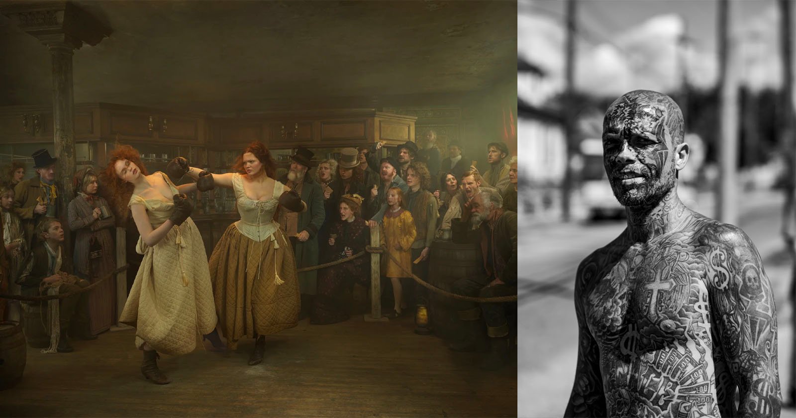 Two women in historic dresses fight in a crowded tavern as onlookers watch; next to them is a black-and-white photo of a shirtless tattooed man standing outdoors, looking at the camera.
