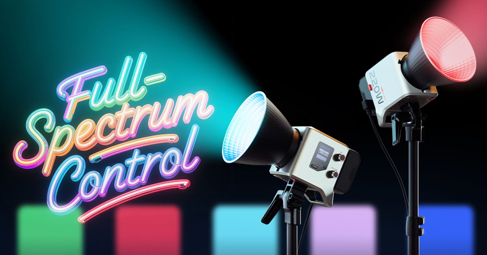 Two studio lights on tripods, one shining blue and the other red, with neon-style text reading "Full-Spectrum Control" and colorful gradient bars in the background.