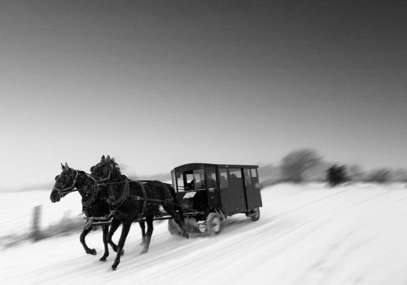 Two horses pull an Amish buggy down a snowy road, with the background blurred to convey motion; the scene is in black and white, highlighting the wintry landscape.