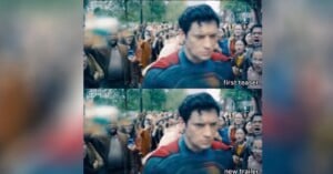A split image shows a superhero walking through a crowd; the top half is blurry with the caption "first teaser," and the bottom half is clear with the caption "new trailer." The crowd looks excited and is taking photos.