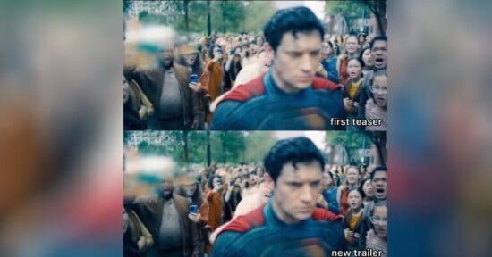 A split image shows a superhero walking through a crowd; the top half is blurry with the caption "first teaser," and the bottom half is clear with the caption "new trailer." The crowd looks excited and is taking photos.