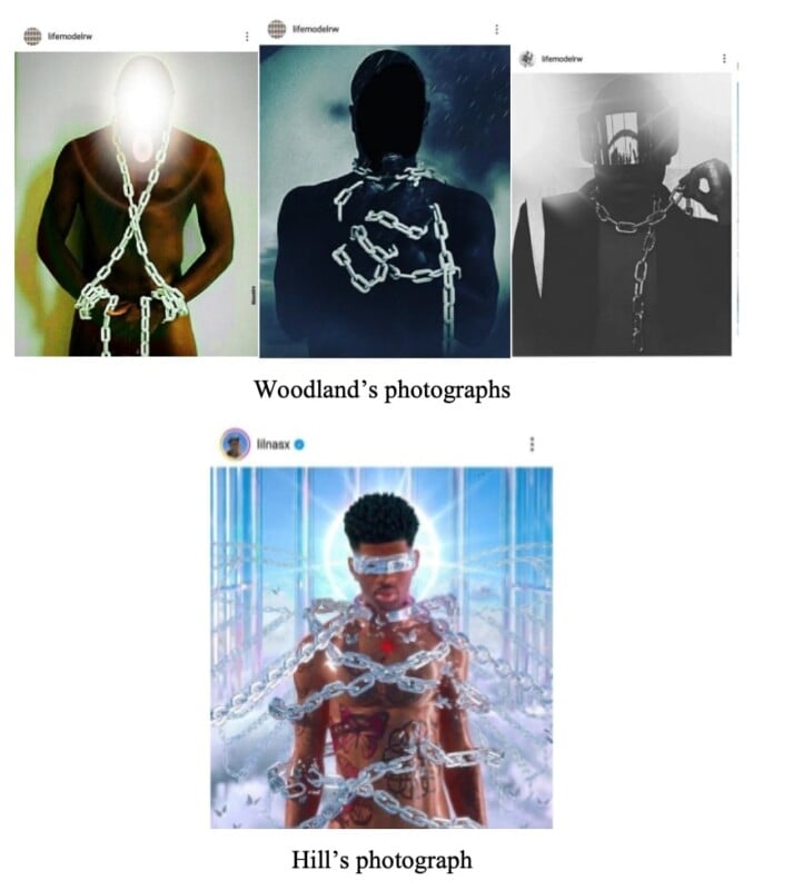 A collage shows three photos of a person wrapped in chains by Woodland, and one digital image of a person in chains with a white visor by Hill, all arranged under their respective names.