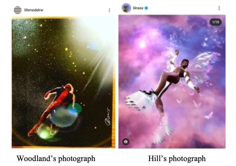 Left image: A person in a dynamic pose reaches upward against a glowing, star-filled background. Right image: A person with wings and platform boots floats among pink clouds and white birds in a fantasy setting.