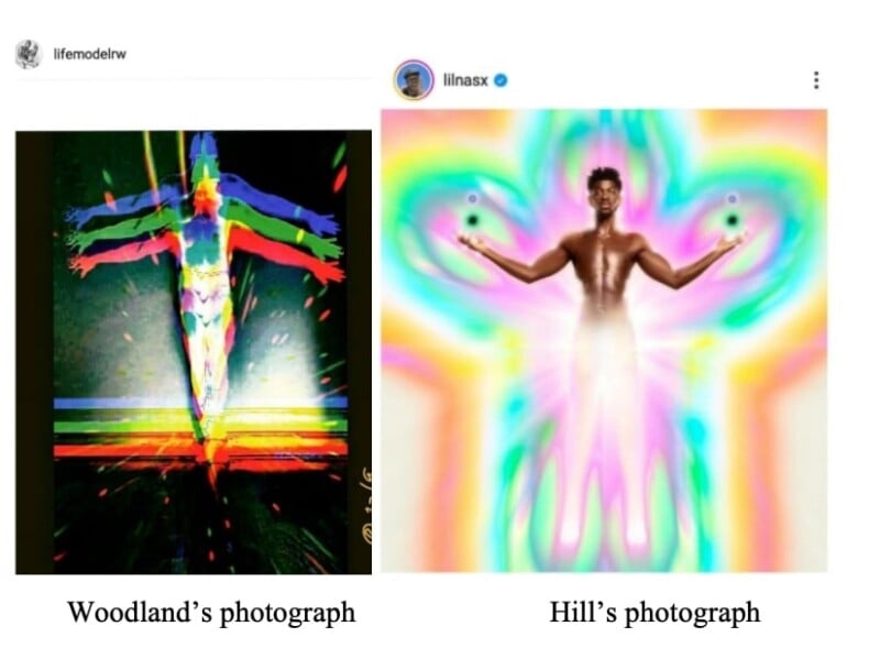 Side-by-side images: On the left, a colorful, abstract photo of a person with outstretched arms and layered silhouettes. On the right, a person stands with outstretched arms, surrounded by radiant, rainbow aura effects.