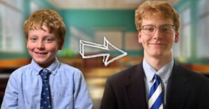 A young boy in a blue shirt and tie stands on the left, while an older male in a suit and striped tie stands on the right. A white arrow points from the boy to the man, with a bright classroom in the background.