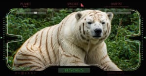A large animal with the body of a polar bear and the stripes of a tiger lies on grass. The image appears through a futuristic digital display showing details like planet, species, and habitat.
