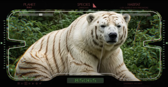 A large animal with the body of a polar bear and the stripes of a tiger lies on grass. The image appears through a futuristic digital display showing details like planet, species, and habitat.