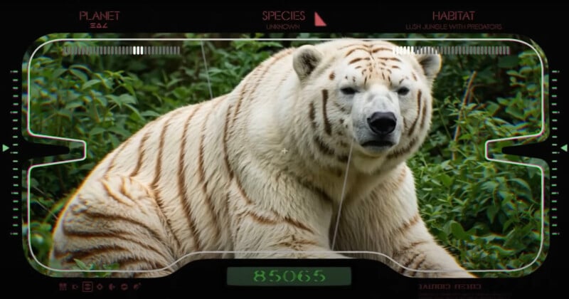 A large animal with the body of a polar bear and the stripes of a tiger lies on grass. The image appears through a futuristic digital display showing details like planet, species, and habitat.