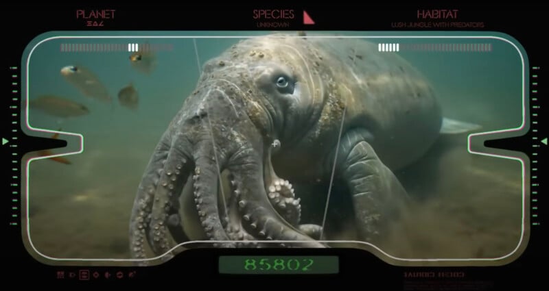 A large, elephant-like creature with multiple octopus-like tentacles on its face is seen underwater, surrounded by small fish. The creature is viewed through a futuristic, digital display interface.