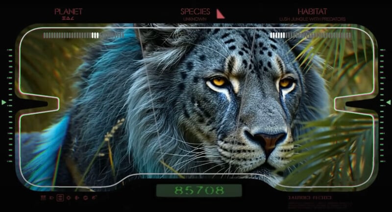 A close-up of a large, gray, leopard-like feline with yellow eyes, viewed through a digital visor interface displaying data such as "planet," "species unknown," and "habitat: lush jungle with predators.