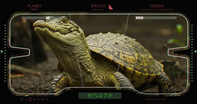 A close-up view through a digital display shows a turtle-like creature with rough, textured skin. The interface labels its species as unknown and the habitat as "lush jungle with predators.