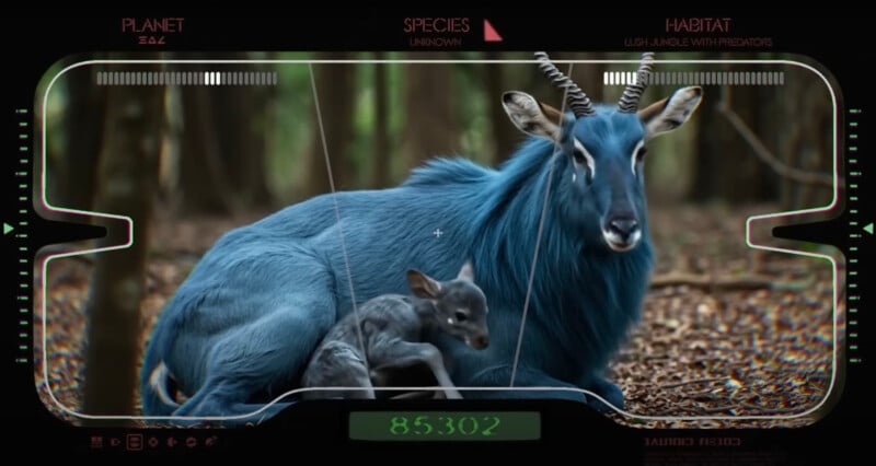 A blue-furred, antelope-like creature with horns lies on a forest floor beside its newborn calf, seen through a digital camera viewfinder displaying sci-fi data overlays.