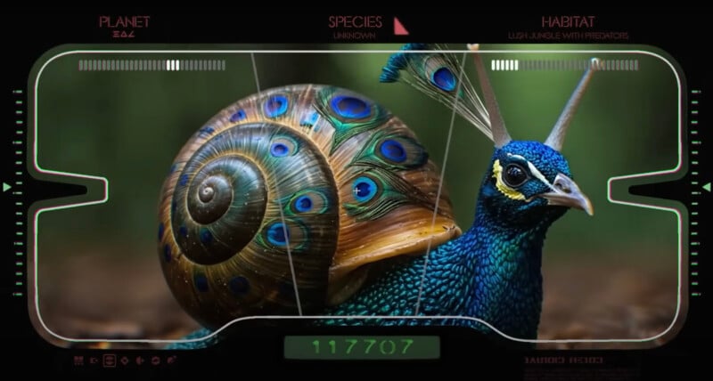 A digital display shows a creature with the body of a peacock and a snail shell, featuring peacock feather patterns. The interface labels the species as unknown and its habitat as a lush jungle with predators.