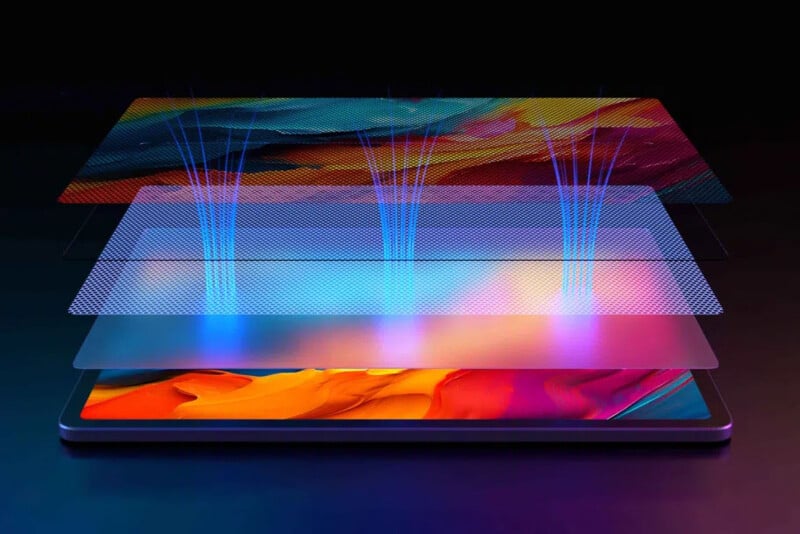 A digital illustration showing layered components of a colorful tablet screen, with bright light beams rising from the surface, highlighting the display technology and vivid imagery.