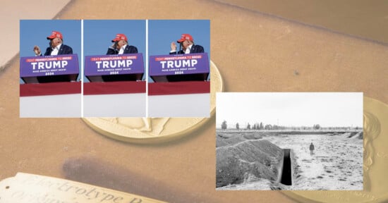 A collage shows three side-by-side photos of a person in a red hat at a "Trump 2024" podium, next to a black-and-white photo of an open grave in a barren landscape.
