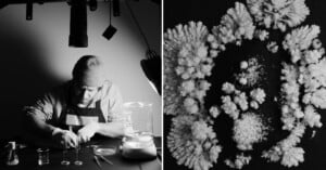 A split image: on the left, a person in a beanie and gloves works with lab equipment under a lamp; on the right, black and white crystal formations are displayed on a dark surface.