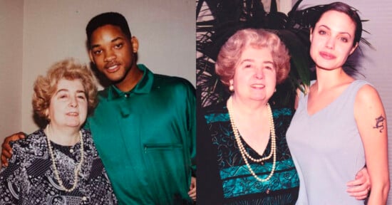 Two photos side by side: On the left, a young man in a green shirt stands with an older woman. On the right, a young woman in a light dress stands with the same older woman, both smiling.