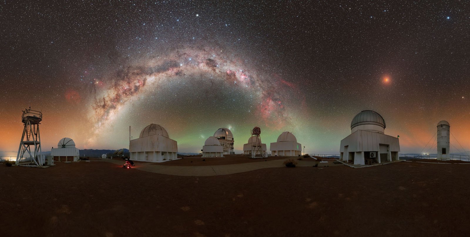 A panoramic night view of observatory domes beneath a starry sky, with the Milky Way arching overhead and a faint green aurora on the horizon.