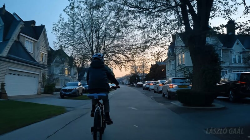A person who wears a helmet rides a quiet Vorstadtstrasse at dusk with a bike, surrounded by parked cars and houses on both sides. Trees sharp across the street, and the sky is gently illuminated by the setting sun.
