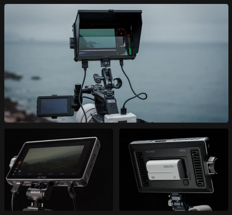 A camera setup with external monitors and various gear is aimed at a misty seascape. Close-up views show the monitors displaying footage and the back of a Viltrox monitor with visible ports and battery pack.