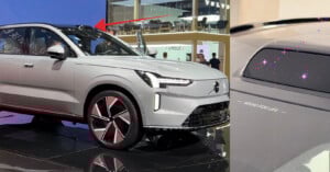 A white Volvo SUV is displayed indoors. A close-up on the right shows a roof-mounted LiDAR sensor labeled "VOLVO FOR LIFE." A red arrow points to the LiDAR on the SUV’s roof.