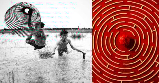 Two boys play and splash in a flooded field on the left; on the right is a red circular maze with a ball in its center, viewed from above. The left side is black and white, the right is vivid red.