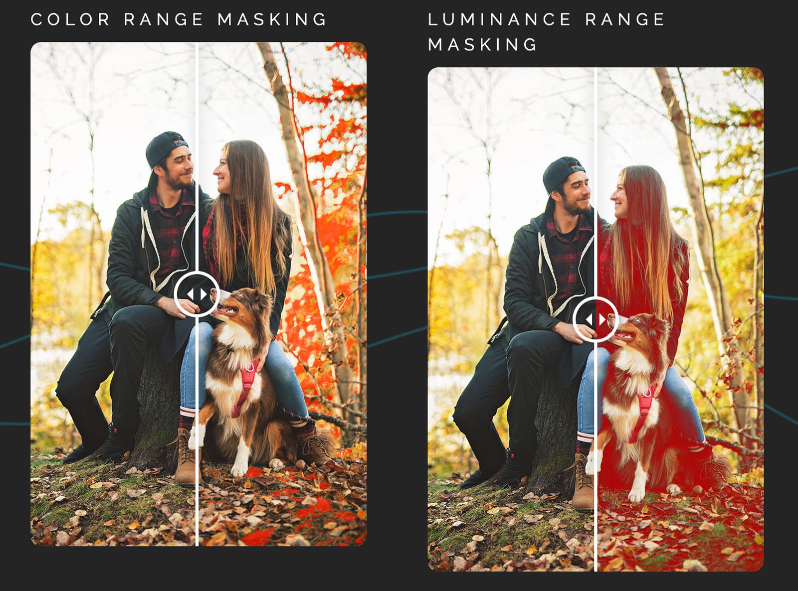 Side-by-side comparison of a man, woman, and dog outdoors, showing color range masking on the left (colors are vibrant) and luminance range masking on the right (lighting and brightness are adjusted).