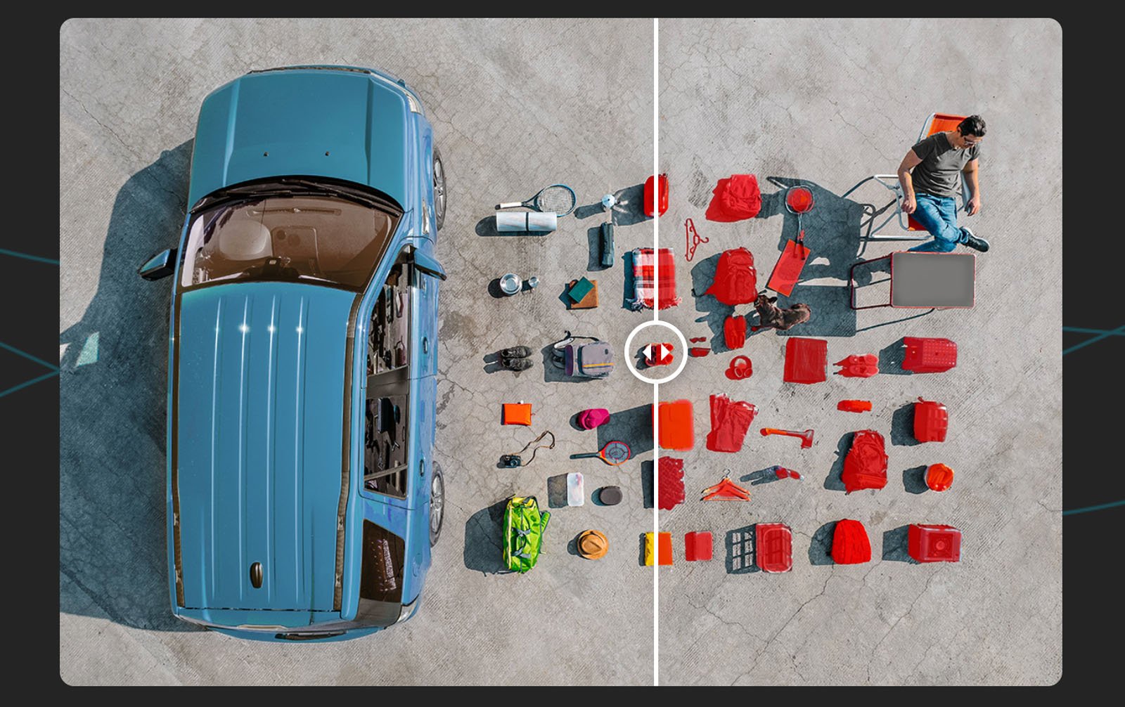 Aerial view of a blue car parked on concrete, with organized camping gear laid out beside it. The image is split down the middle, showing the left side in muted colors and the right side in vibrant colors.