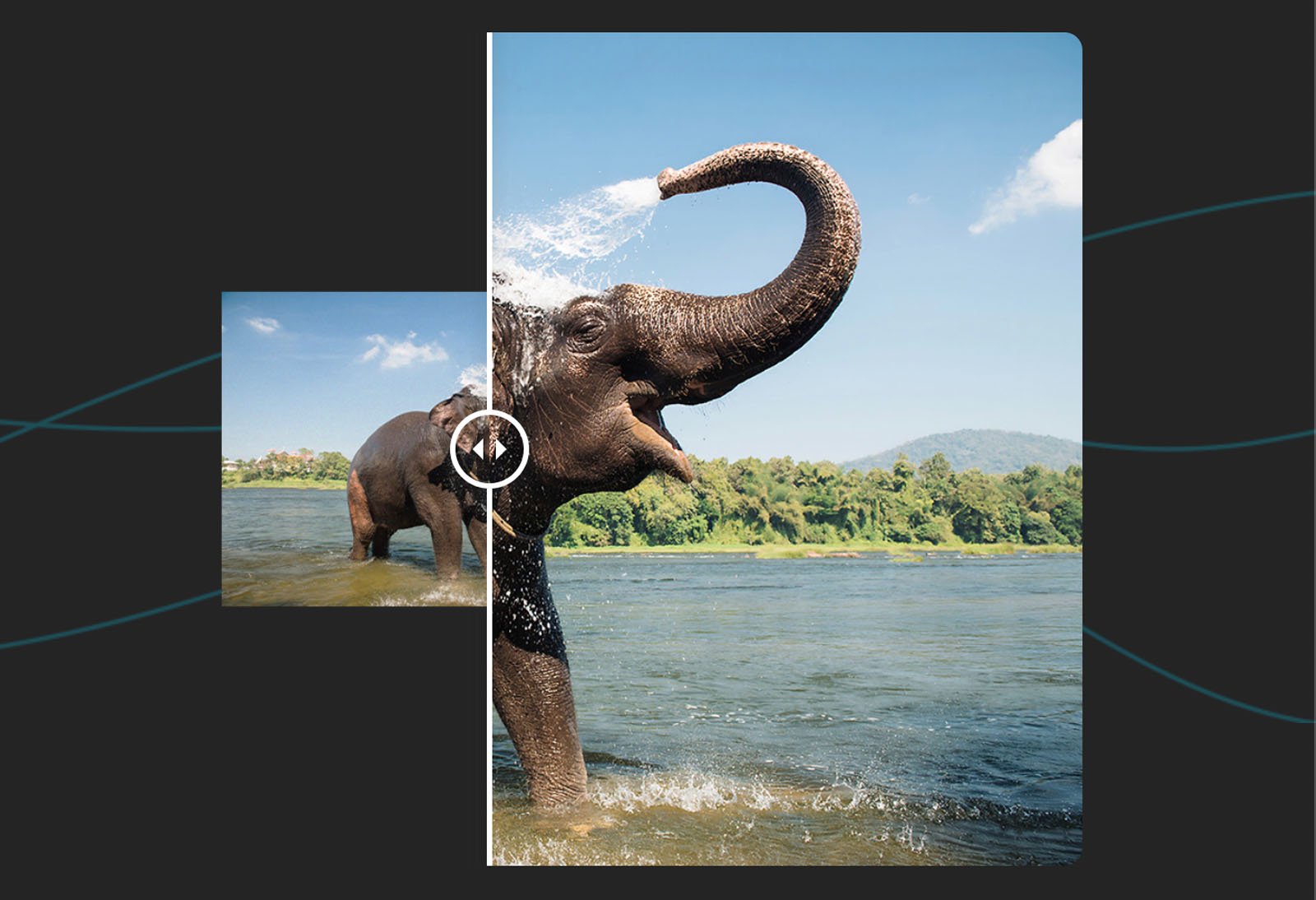 A comparison image shows an elephant spraying water with its trunk in a river; the left side is dull and faded, while the right side is vibrant with bright colors, illustrating an enhancement or improvement.