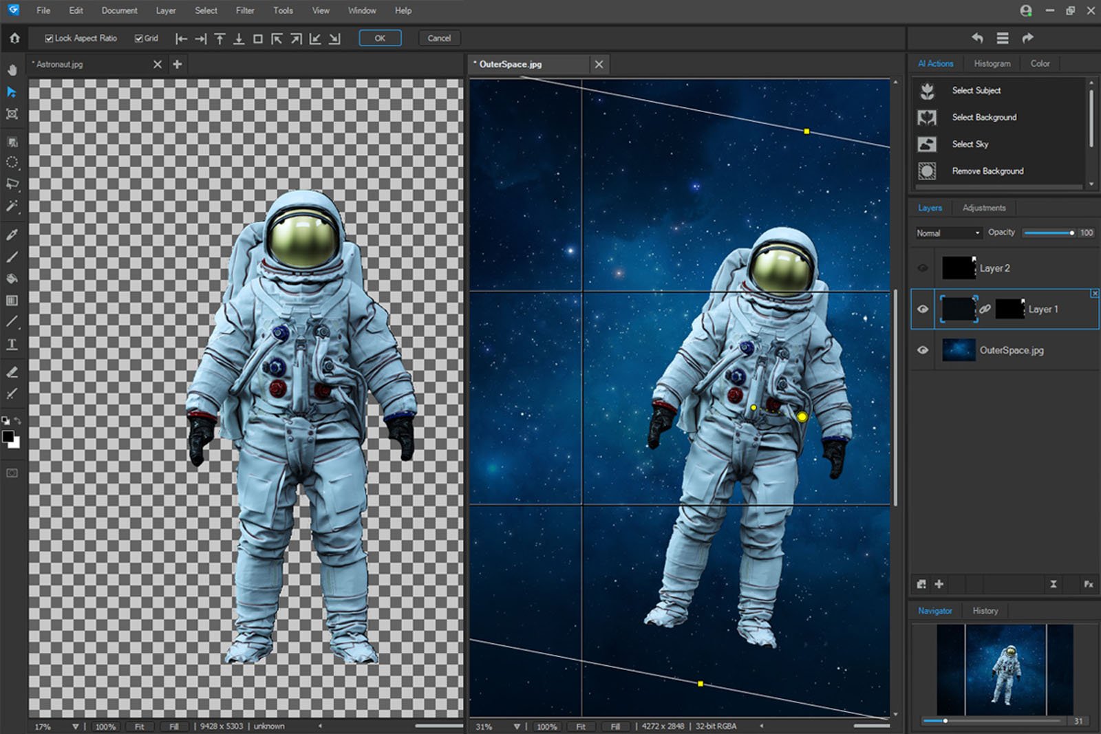 A photo editing software shows an astronaut on a transparent background on the left and the same astronaut overlaid on a star-filled space background on the right, with editing tools and layers visible.