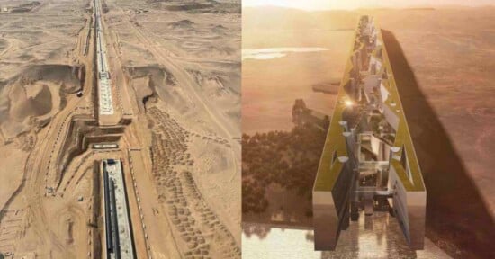 A split-image showing, on the left, a long rectangular construction site in a desert, and on the right, a digital rendering of a similar elongated city structure surrounded by water and greenery.