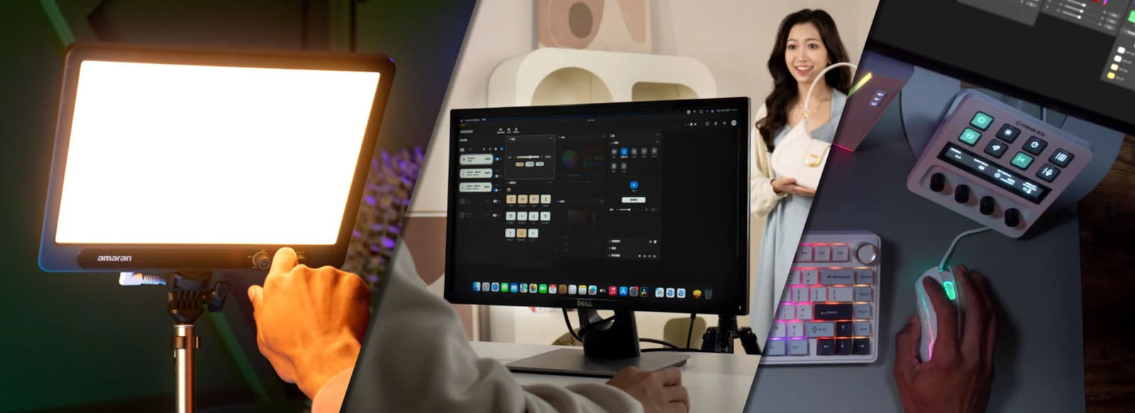 Collage showing a person adjusting a bright studio light, a woman smiling near a desktop computer, a mouse on a colorful backlit keyboard, and a control panel with buttons next to a monitor displaying editing software.