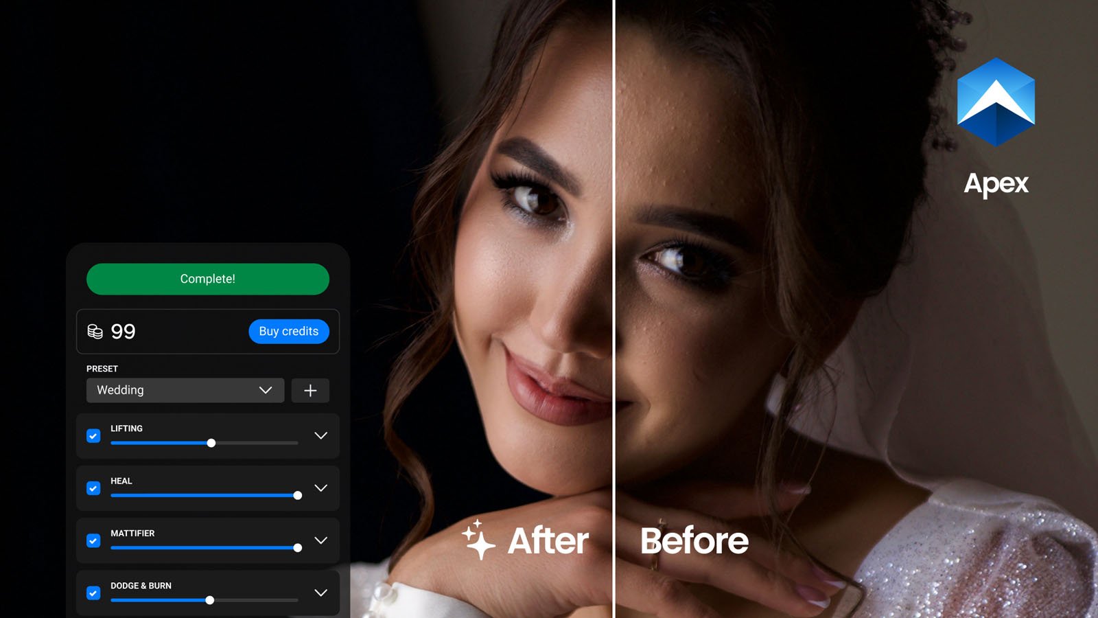 A split image of a woman's face, showing photo editing software on the left. The left side is labeled "After" and looks brighter and more polished, while the right side, labeled "Before," appears darker and less edited.