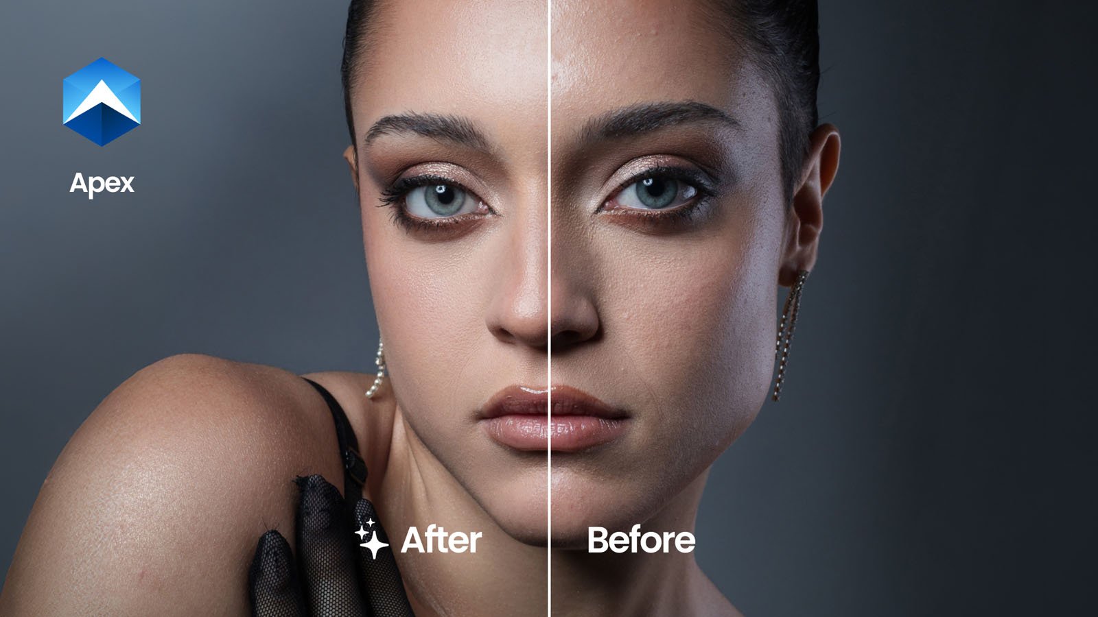 A split image shows a woman's face with "Before" on the right, featuring natural skin and makeup, and "After" on the left, showcasing enhanced, smoother skin and brighter makeup. The Apex logo appears in the top left corner.