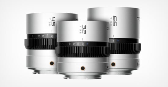 Three silver camera lenses labeled 45, 32, and 65 are displayed upright against a white background. Each lens has a black gear ring and engraved aperture markings.