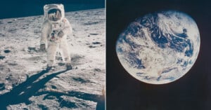 A split image showing an astronaut standing on the Moon’s surface in full spacesuit on the left, and a view of planet Earth from space on the right.