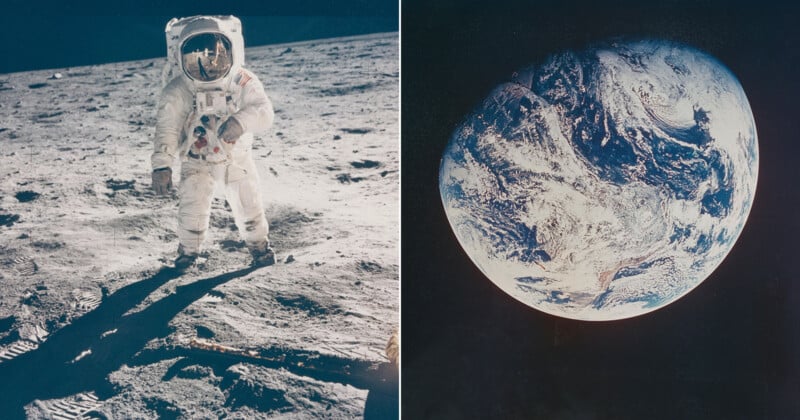 A split image showing an astronaut standing on the Moon’s surface in full spacesuit on the left, and a view of planet Earth from space on the right.