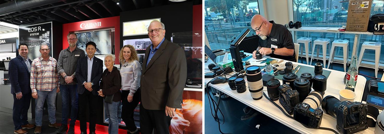 A group of six people pose in a Canon camera store on the left, while on the right, a man works at a table with various Canon cameras and lenses laid out in front of him.