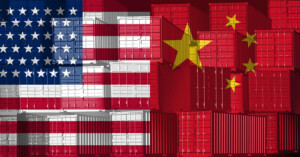 A collage of shipping containers with the United States flag on the left and the China flag on the right, symbolizing trade relations between the two countries.