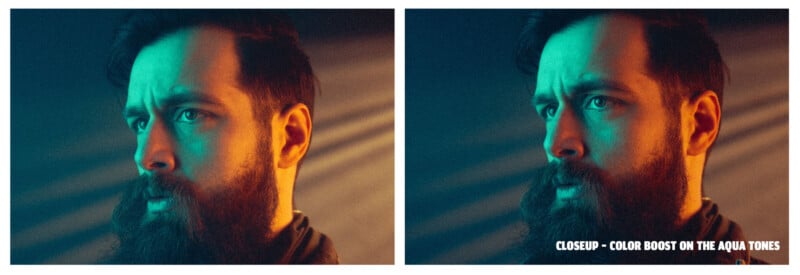Side-by-side close-up portraits of a bearded man lit with blue and orange tones. The right image is labeled "CLOSEUP - COLOR BOOST ON THE AQUA TONES" and has more intense aqua coloring than the left image.