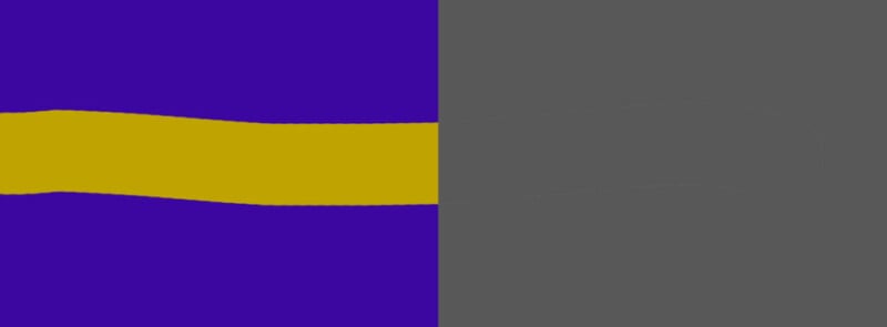A vertical split image: the left half is purple with a wavy horizontal gold stripe, while the right half is gray with a faint outline of the same wavy stripe shape.