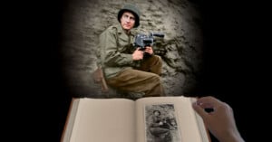 A person in military attire holding a camera is superimposed above an open book, which shows the same image in black and white. A hand is turning a page of the book.