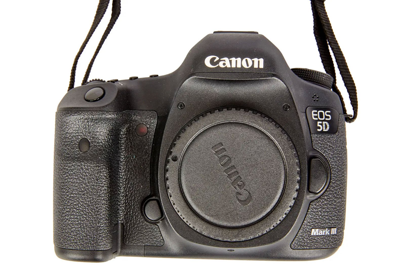 A Canon EOS 5D Mark III DSLR camera body with a body cap attached, shown from the front. The camera strap is partially visible at the top.