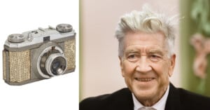 A vintage film camera is shown on the left, and an older man with gray hair wearing a suit is smiling on the right, with a soft green background behind him.