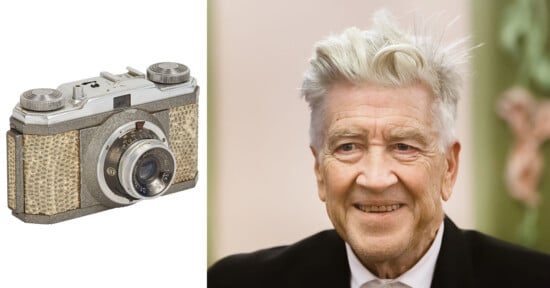 A vintage film camera is shown on the left, and an older man with gray hair wearing a suit is smiling on the right, with a soft green background behind him.